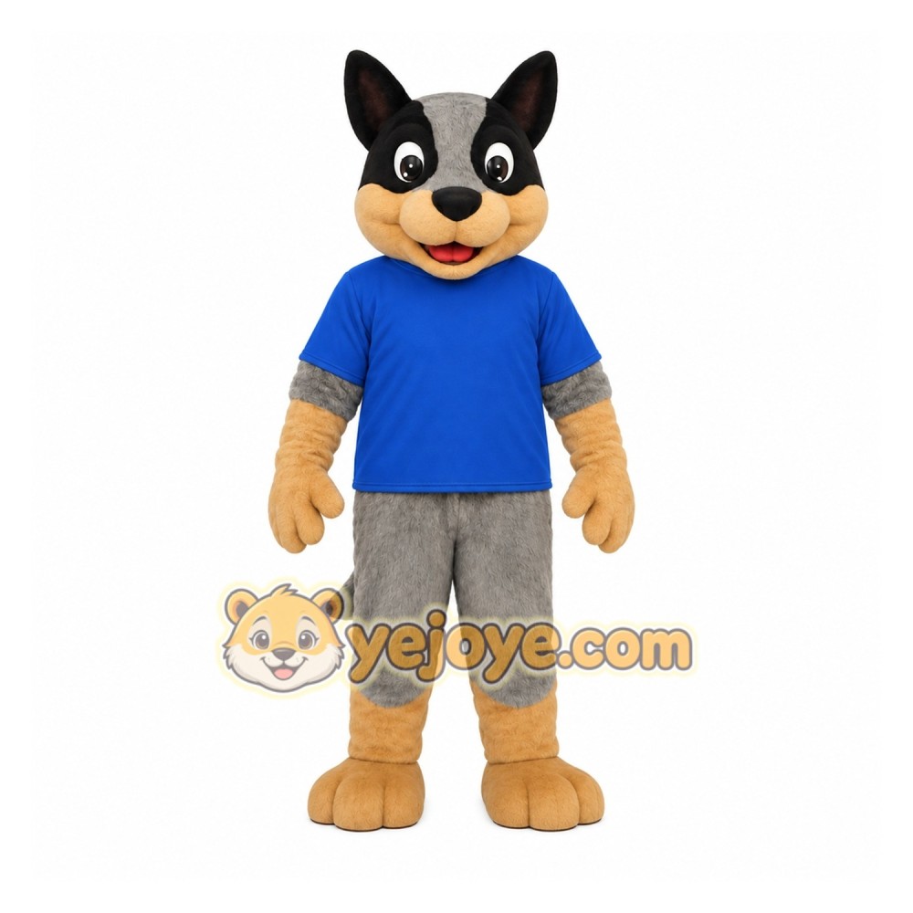 Black Gray Tan Dog Blue Shirt Mascot Costume Black Gray Tan Dog Blue Shirt Mascot Costume