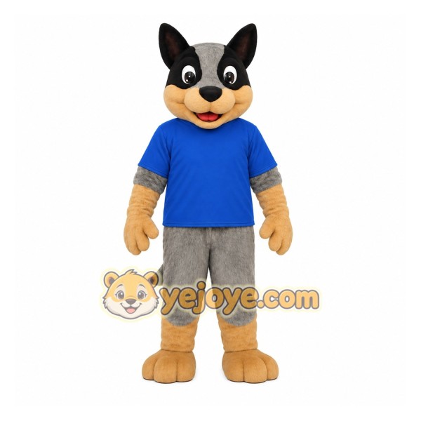 Black Gray Tan Dog Blue Shirt Mascot Costume