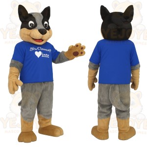 Black Gray Tan Dog Blue Shirt Mascot Costume