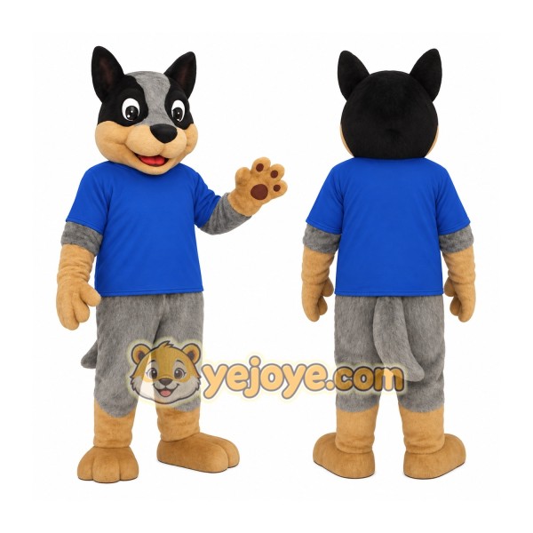 Black Gray Tan Dog Blue Shirt Mascot Costume
