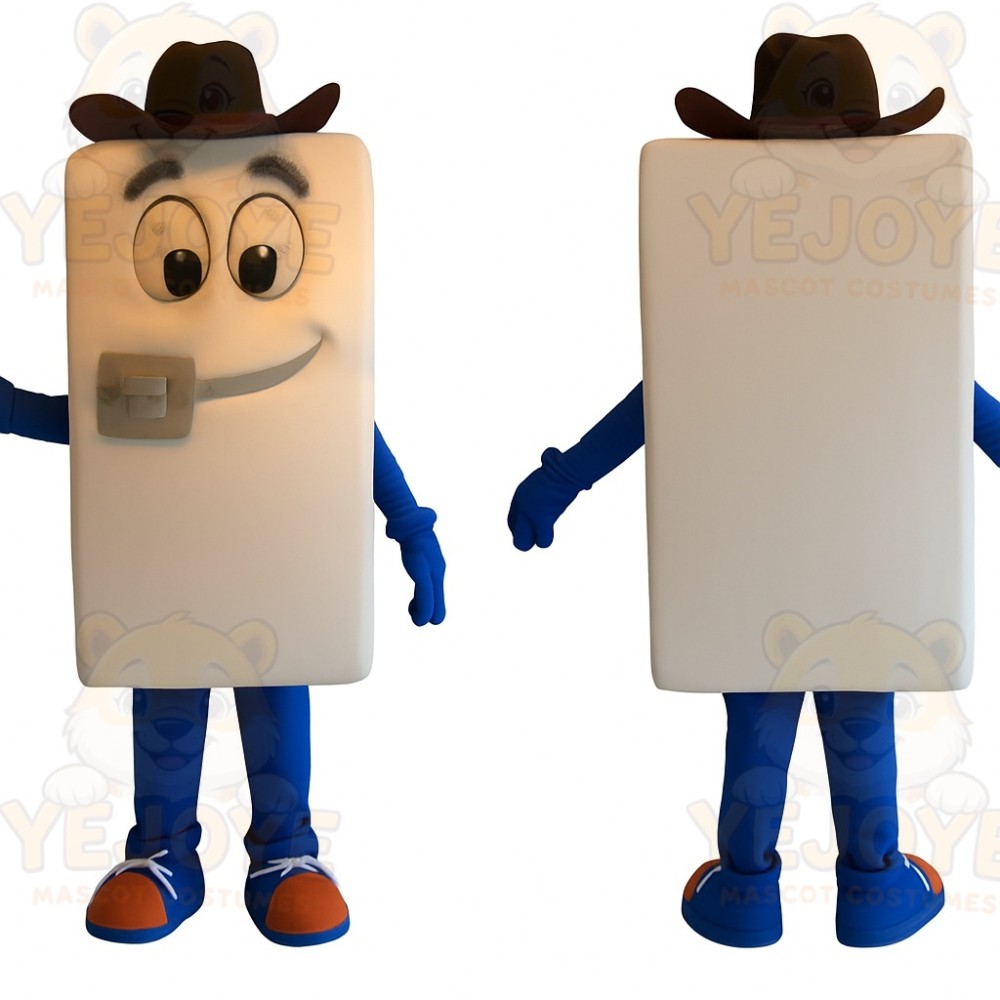 White Blue Cowboy Phone Mascot Costume