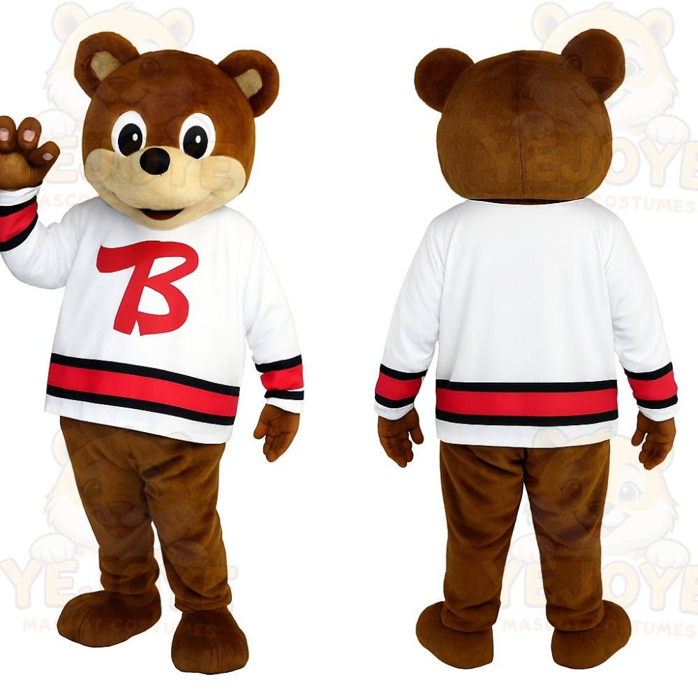 Brown White Hockey Bear Mascot Costume