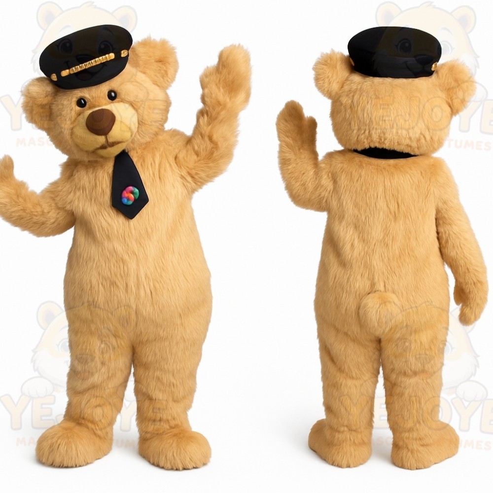 Light Brown Bear With Black Hat Mascot Costume