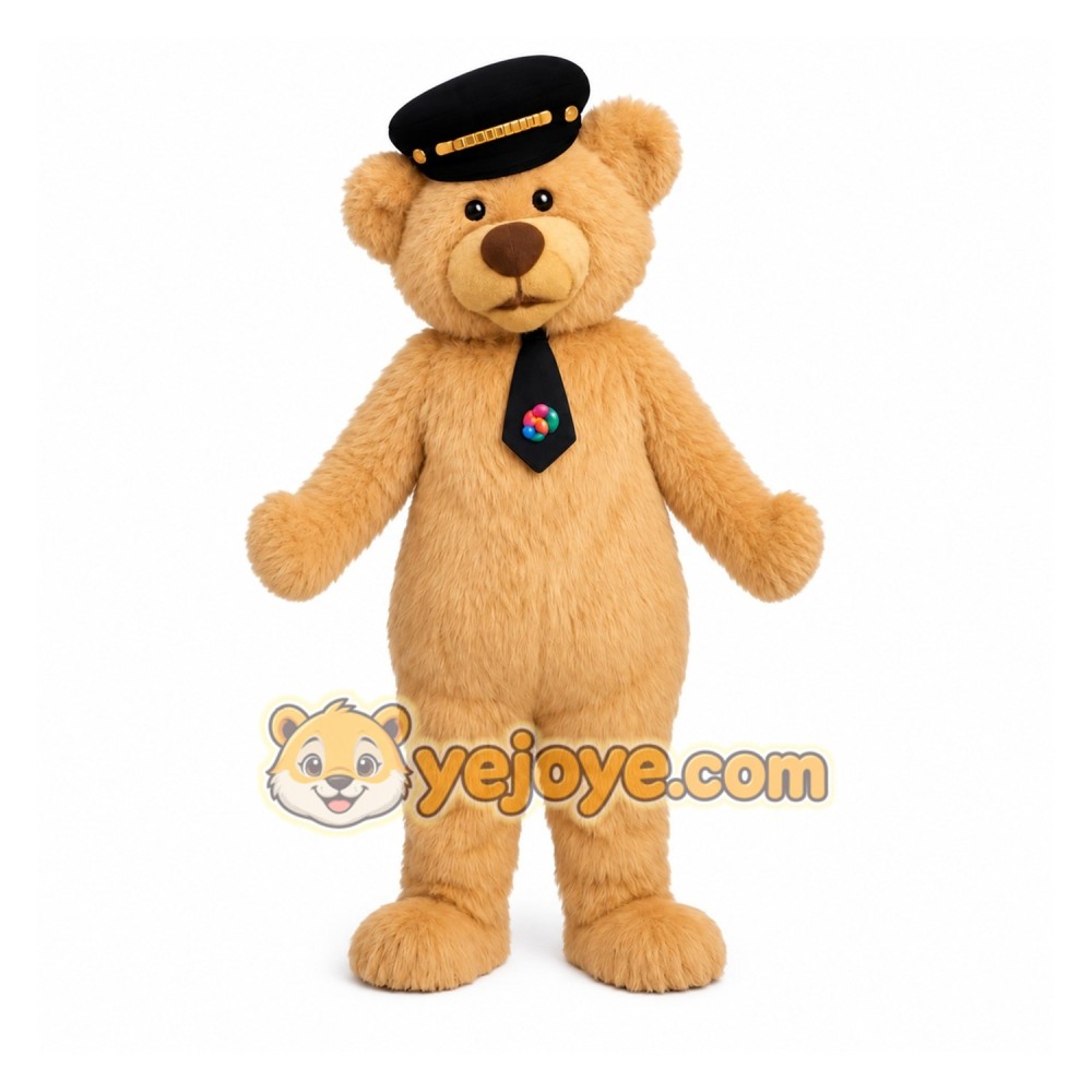 Light Brown Bear With Black Hat Mascot Costume Light Brown Bear With Black Hat Mascot Costume
