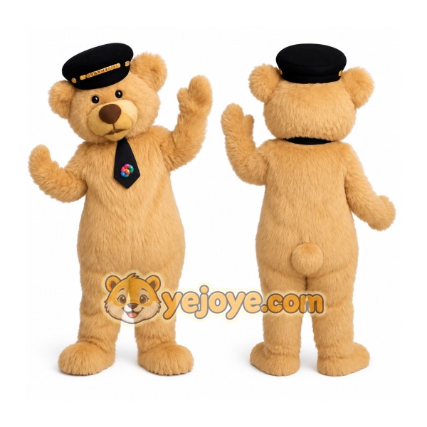 Light Brown Bear With Black Hat Mascot Costume