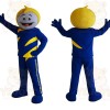 Blue Yellow Smiling Cartoon Boy Mascot Costume