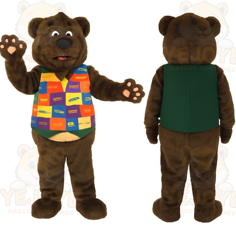 Brown Bear With Multicolor Vest Mascot Costume