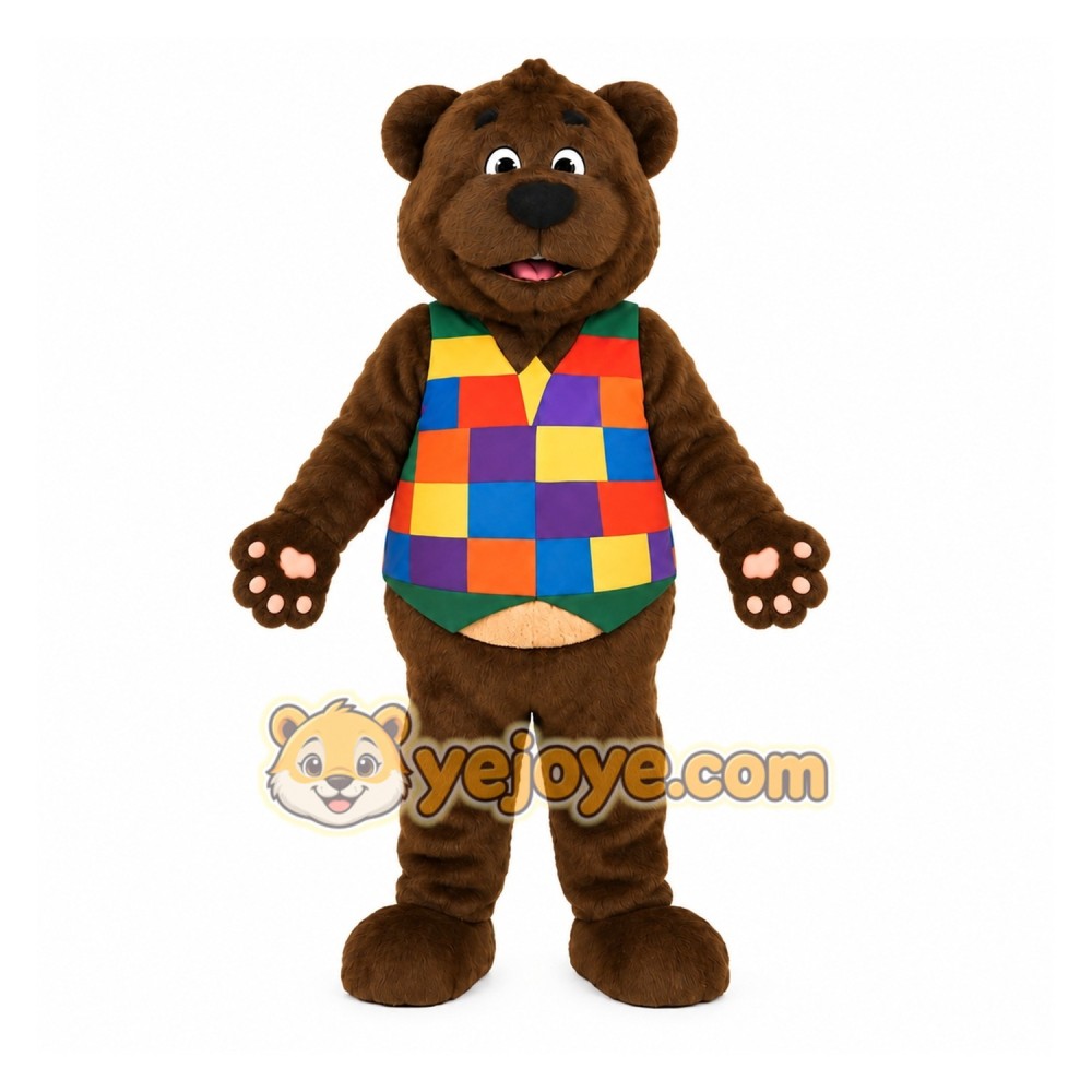 Brown Bear With Multicolor Vest Mascot Costume Brown Bear With Multicolor Vest Mascot Costume