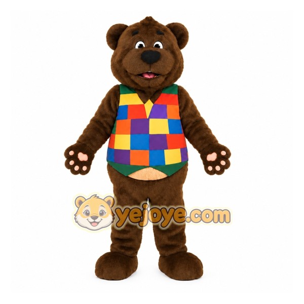 Brown Bear With Multicolor Vest Mascot Costume