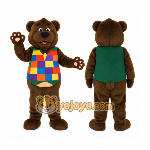 Brown Bear With Multicolor Vest Mascot Costume