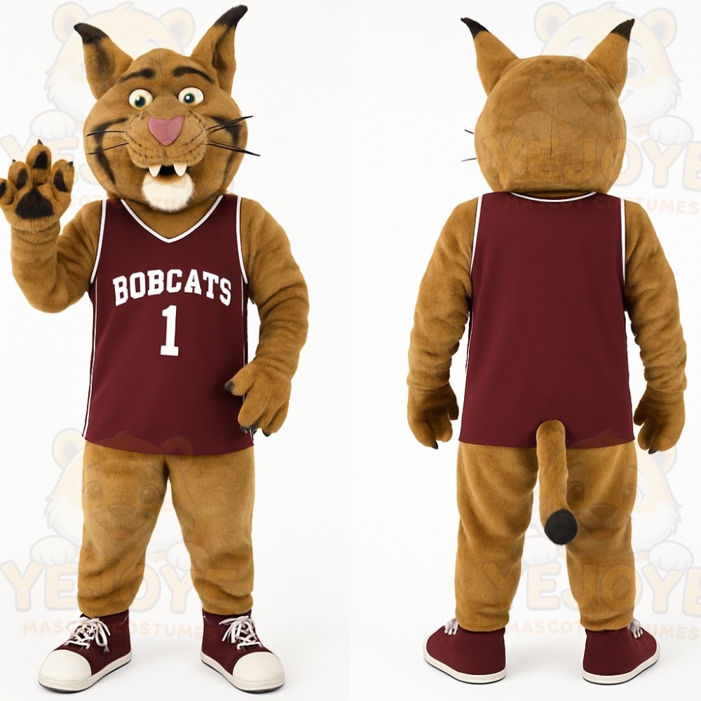 Brown Burgundy Basketball Bobcat Mascot Costume