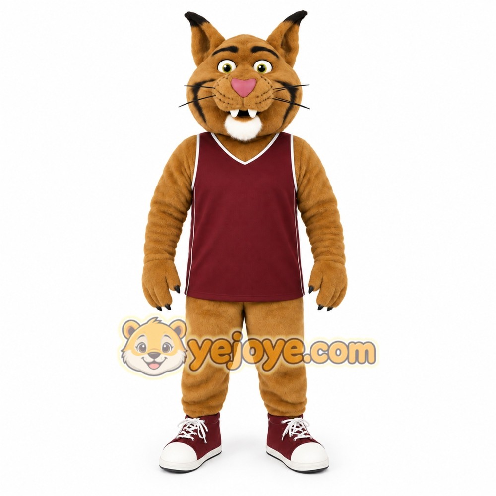 Brown Burgundy Basketball Bobcat Mascot Costume Brown Burgundy Basketball Bobcat Mascot Costume