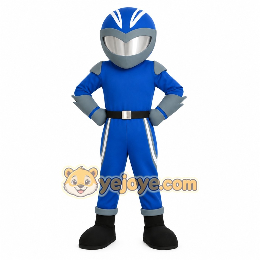 Blue Gray Helmeted Superhero Mascot Costume