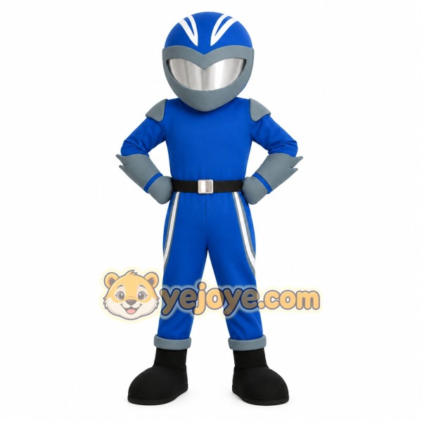 Blue Gray Helmeted Superhero Mascot Costume
