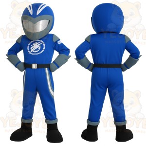 Blue Gray Helmeted Superhero Mascot Costume