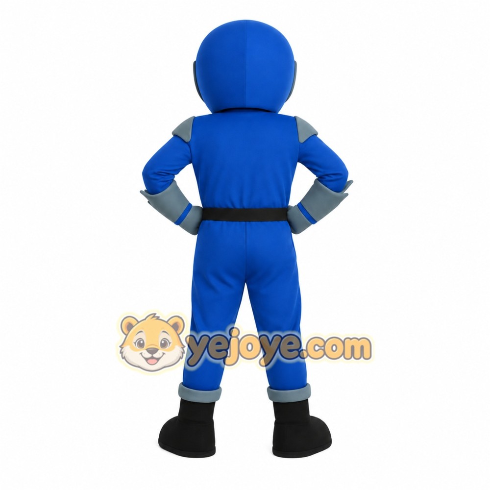 Blue Gray Helmeted Superhero Mascot Costume