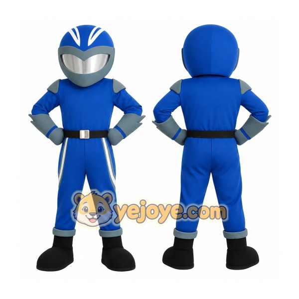 Blue Gray Helmeted Superhero Mascot Costume