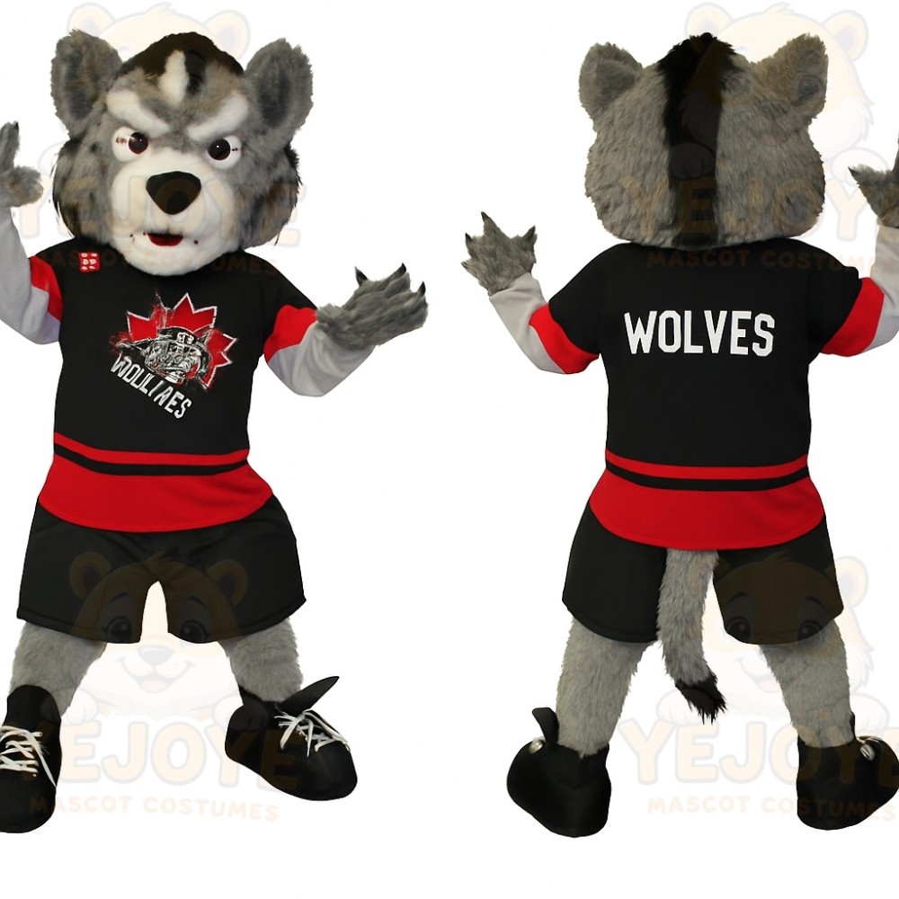 Gray Black Red Hockey Wolf Mascot Costume