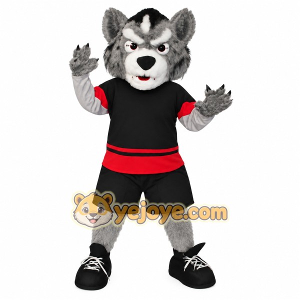 Gray Black Red Hockey Wolf Mascot Costume
