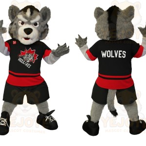 Gray Black Red Hockey Wolf Mascot Costume