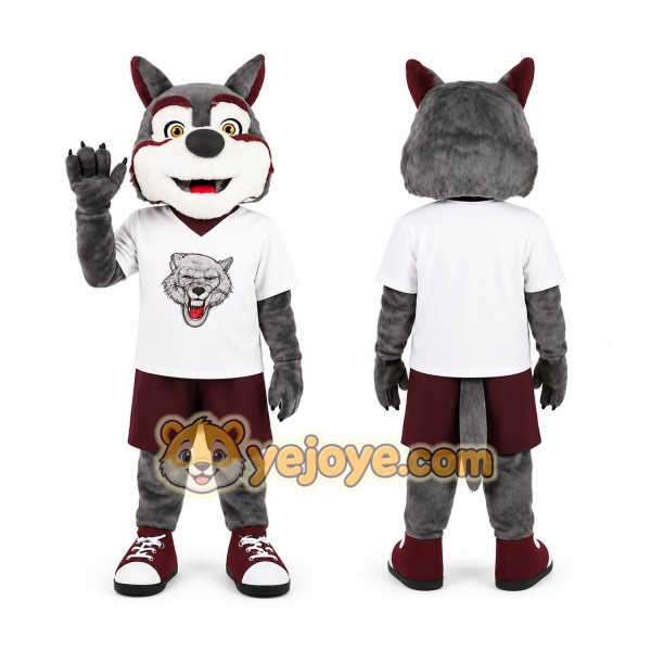 Gray Burgundy Wolf Mascot Costume