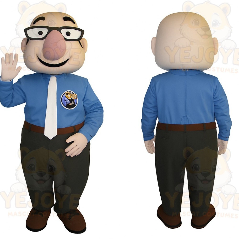 Blue Black Bald Nerd Man Mascot Costume