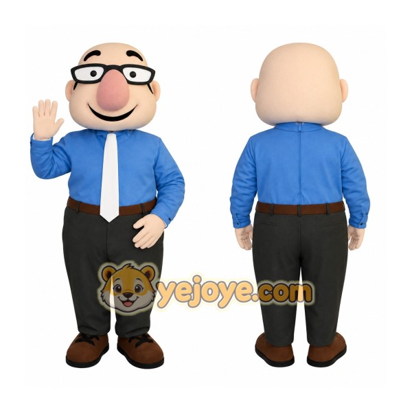 Blue Black Bald Nerd Man Mascot Costume
