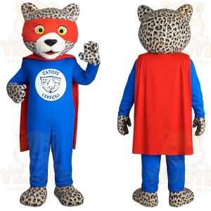 Blue Red Spotted Leopard Superhero Mascot Costume