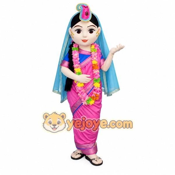 Pink Blue Indian Woman Mascot Costume