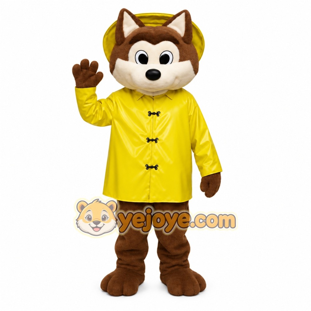 Brown Fox In Yellow Raincoat Mascot Costume Brown Fox In Yellow Raincoat Mascot Costume