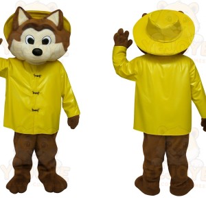 Brown Fox In Yellow Raincoat Mascot Costume