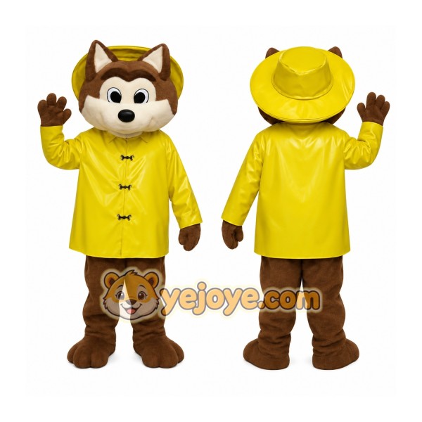 Brown Fox In Yellow Raincoat Mascot Costume