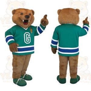 Brown Green Blue Hockey Bear Mascot Costume