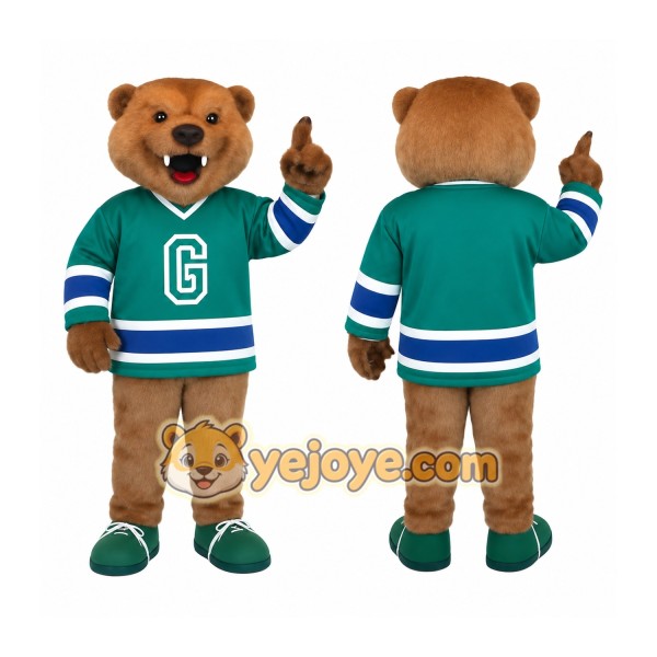 Brown Green Blue Hockey Bear Mascot Costume