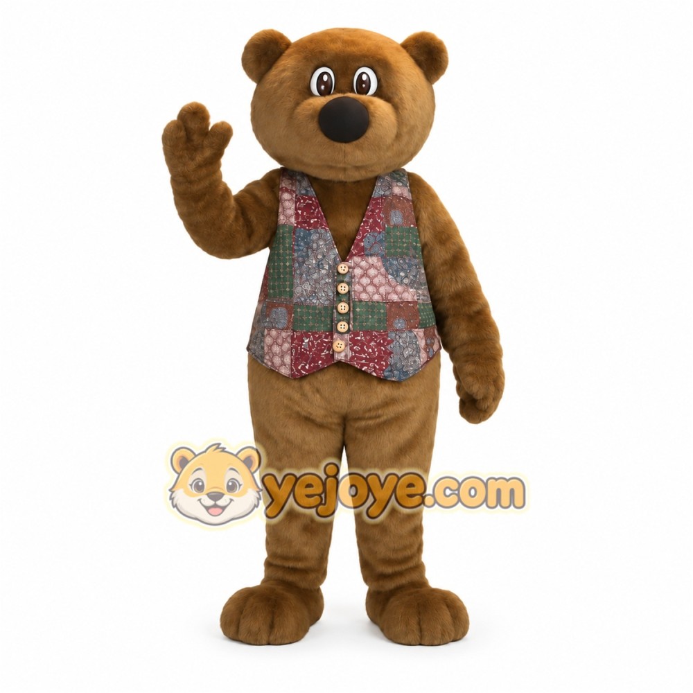 Brown Bear With Patchwork Vest Mascot Costume Brown Bear With Patchwork Vest Mascot Costume