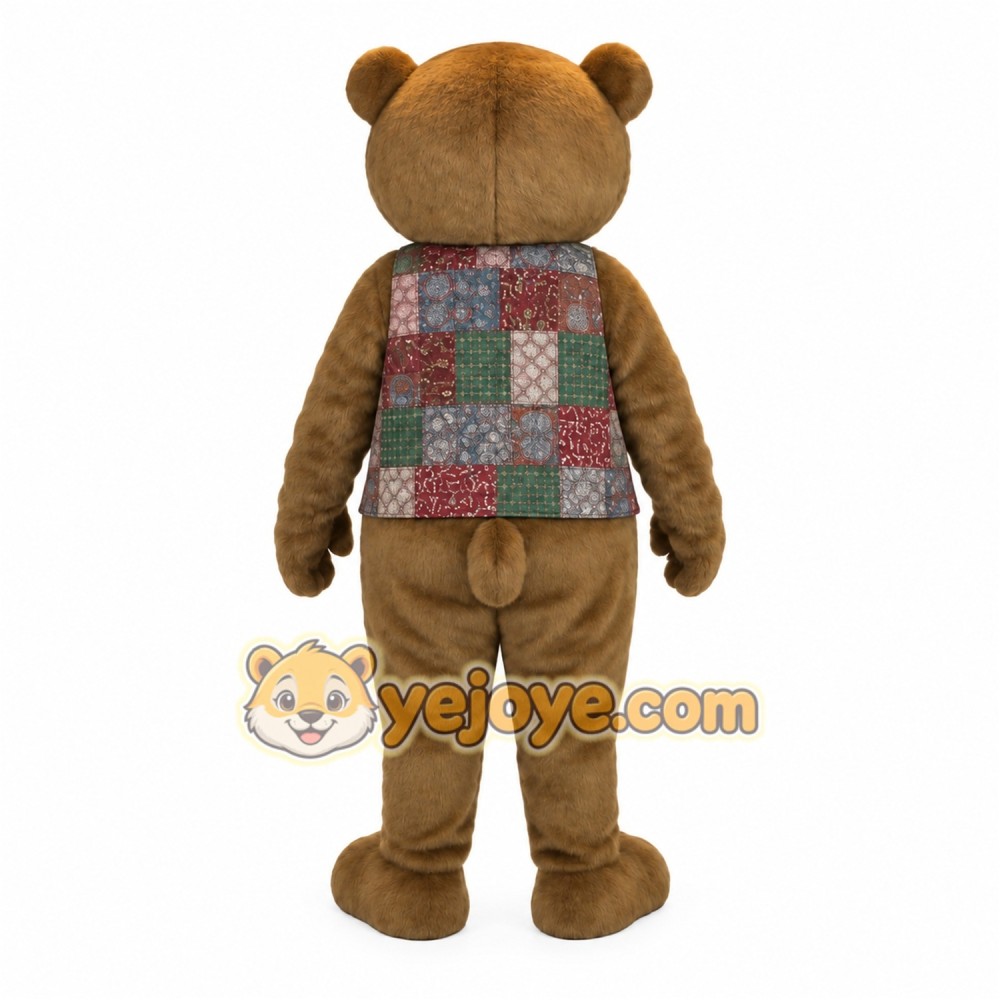 Brown Bear With Patchwork Vest Mascot Costume Brown Bear With Patchwork Vest Mascot Costume