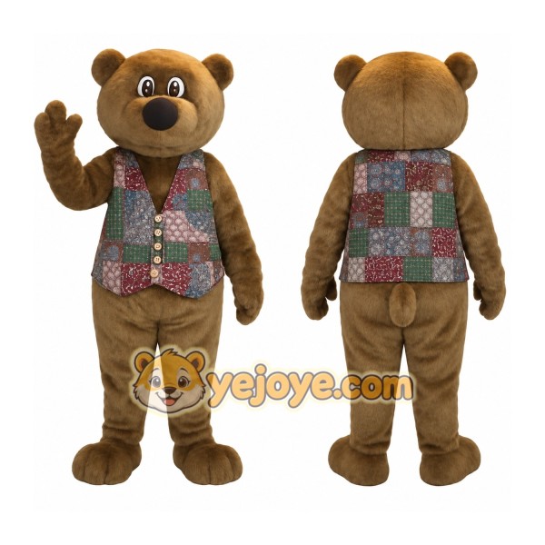 Brown Bear With Patchwork Vest Mascot Costume