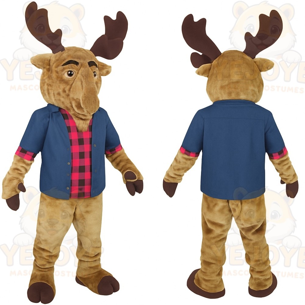 Tan Brown Blue Red Moose Mascot Costume