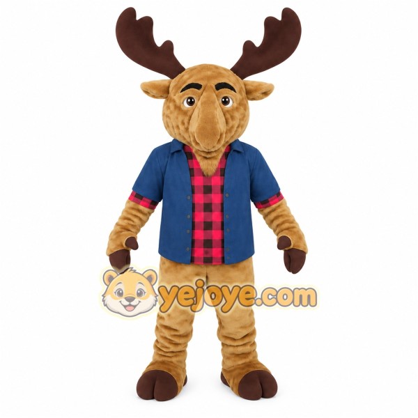 Tan Brown Blue Red Moose Mascot Costume