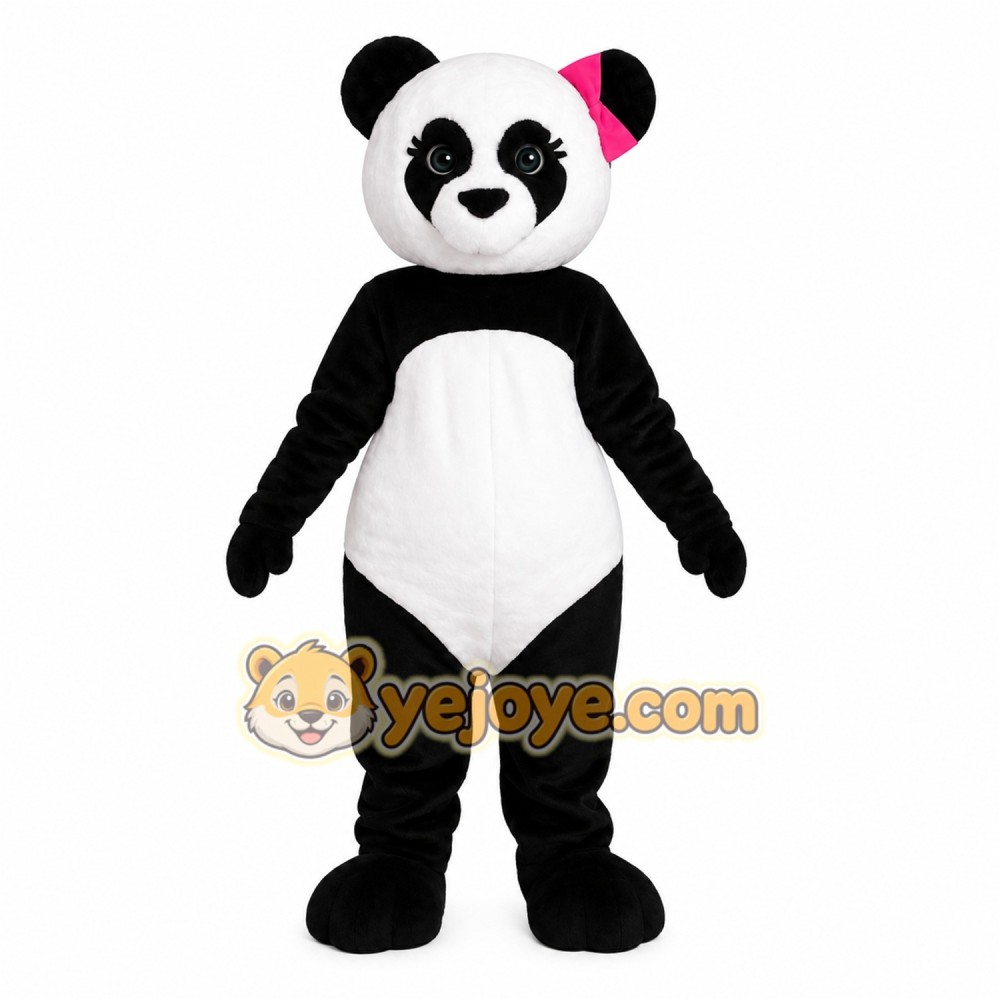 Black White Panda With Pink Bow Mascot Costume