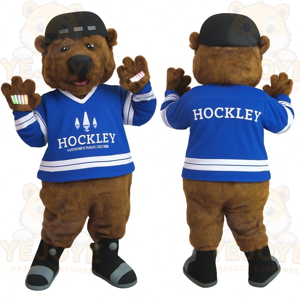 Brown Blue Ice Hockey Bear Mascot Costume