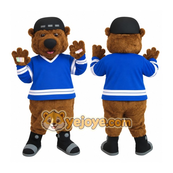 Brown Blue Ice Hockey Bear Mascot Costume