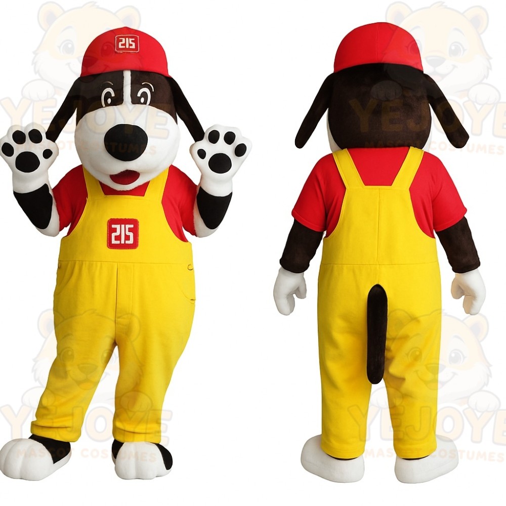 Black White Dog With Red Cap Yellow Overalls Mascot Costume