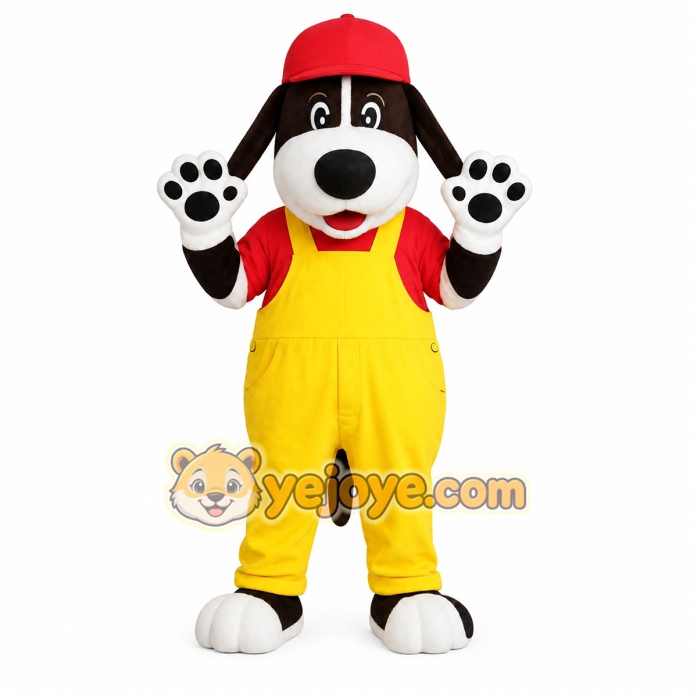 Black White Dog With Red Cap Yellow Overalls Mascot Costume Black White Dog With Red Cap Yellow Overalls Mascot Costume