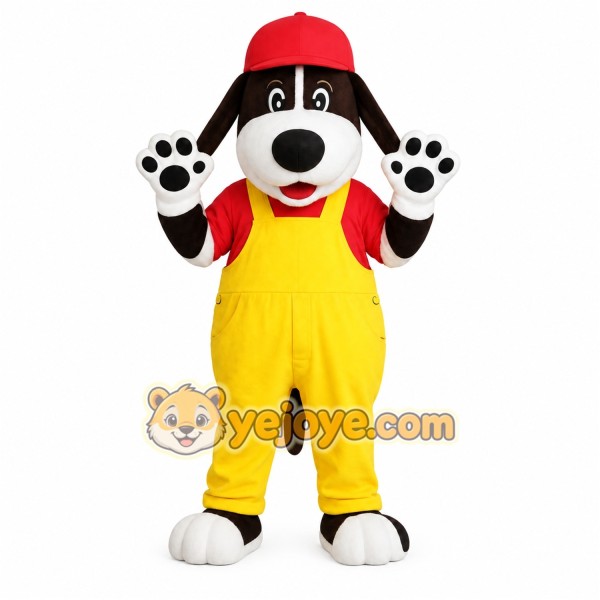Black White Dog With Red Cap Yellow Overalls Mascot Costume
