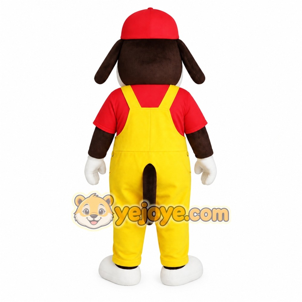 Black White Dog With Red Cap Yellow Overalls Mascot Costume Black White Dog With Red Cap Yellow Overalls Mascot Costume