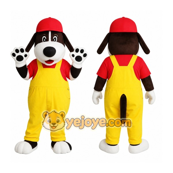 Black White Dog With Red Cap Yellow Overalls Mascot Costume