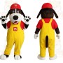 Black White Dog With Red Cap Yellow Overalls Mascot Costume