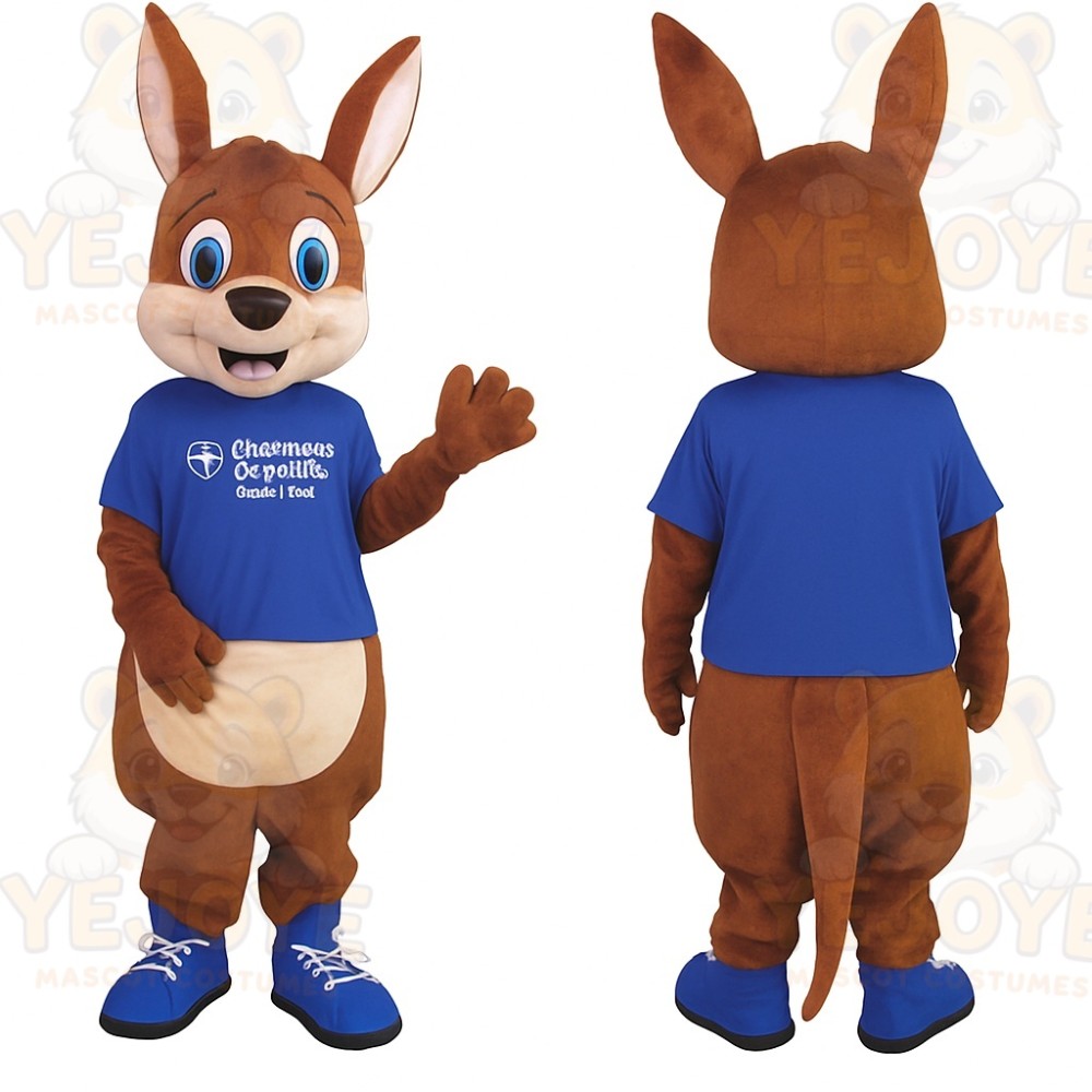 Brown Kangaroo With Blue Shirt Mascot Costume