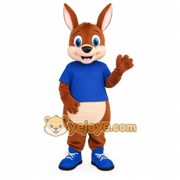 Brown Kangaroo With Blue Shirt Mascot Costume